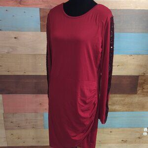 Red Ruched Long Sleeve Sheath Dress